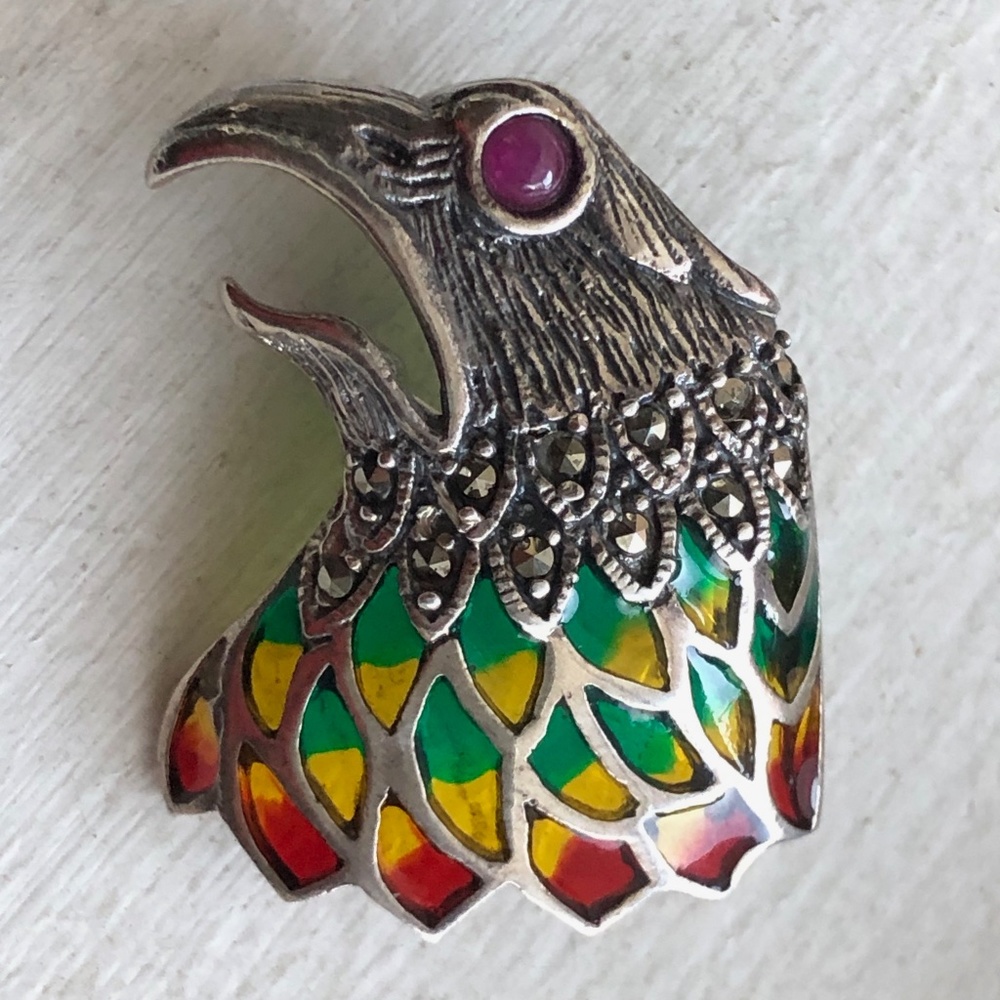 Artisan Sterling Marcasite Parrot Brooch Pendant